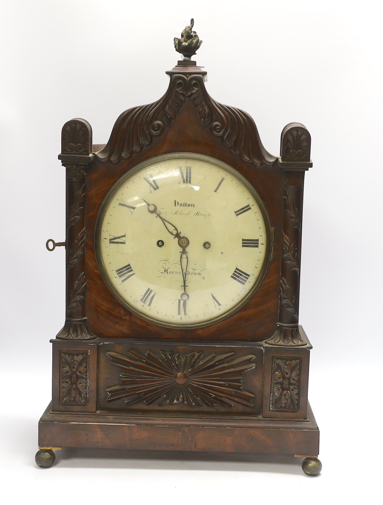 A Regency twin fusee mahogany bracket clock, signed Hatton Free School Street, Horsehdown?, 54cm high